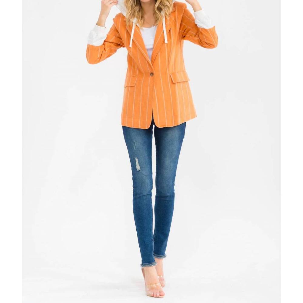 NEW LITTLE SECRET OF MINE hooded stripe long sleeve blazer in sunset stroll